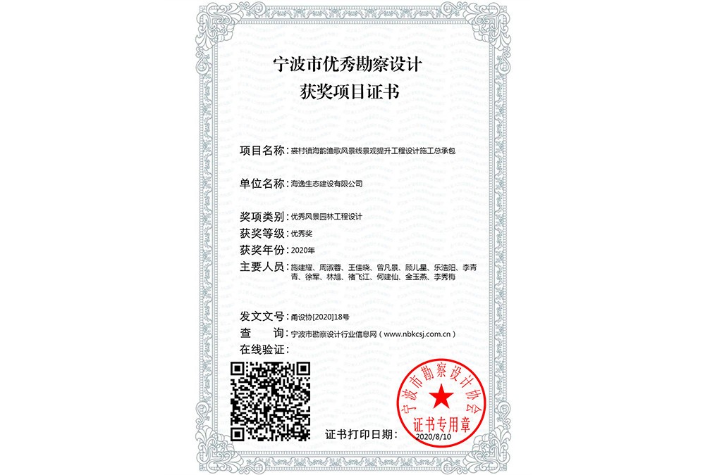寧波市優(yōu)秀勘察設(shè)計獲獎項目證書